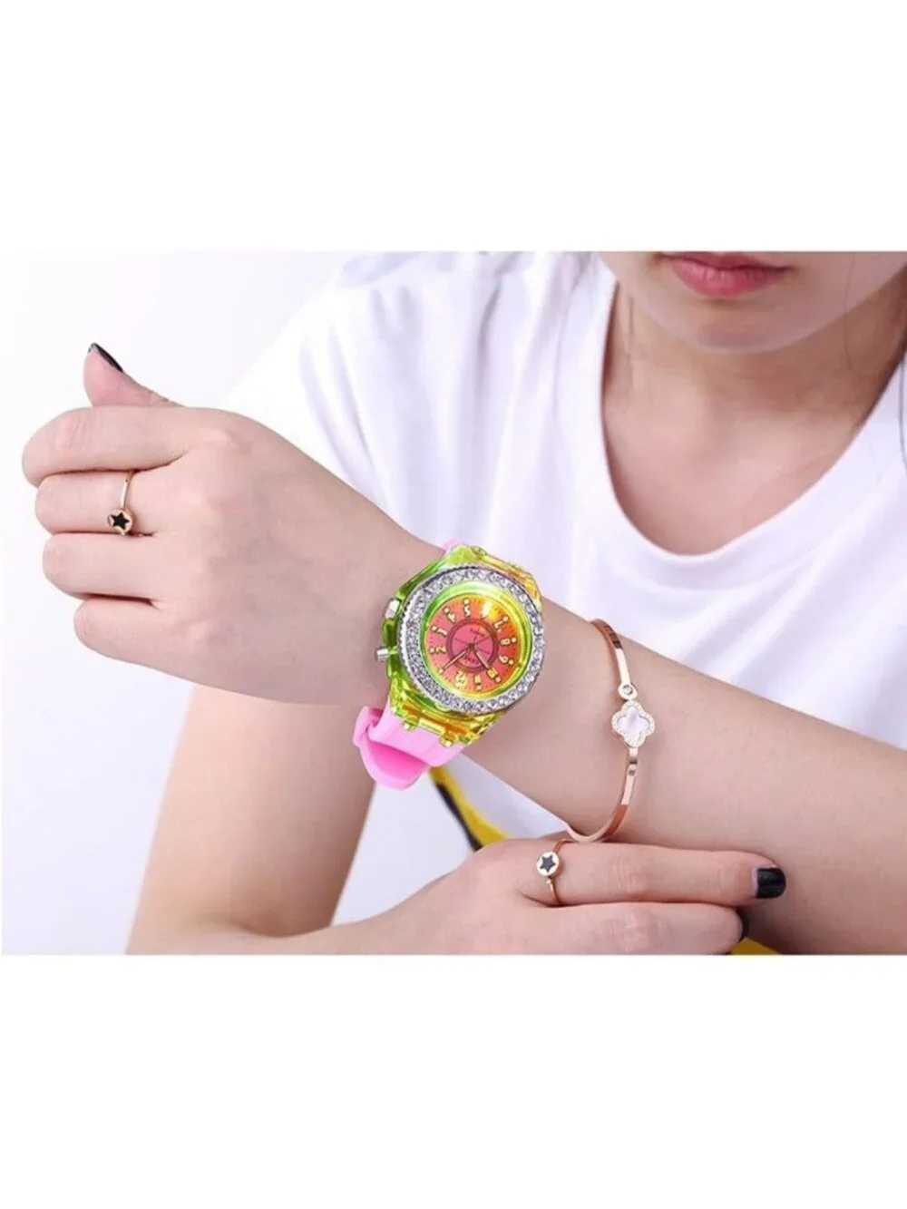 Women's Pink Analog Silicone Bling LED Luminous Lights Sport Square Wrist Watch